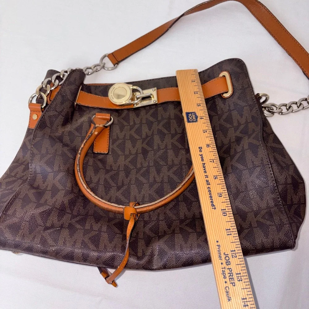 Michael Kors hamilton signiture Monogram Satchel Bag Brown Leather Chain Strap